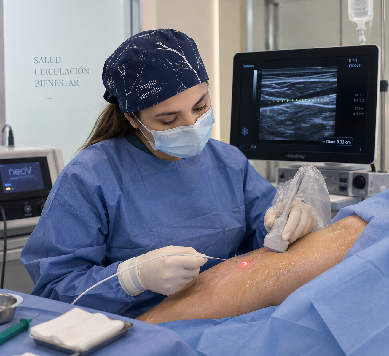 Escena ilustrativa de un procedimiento vascular con monitor de ultrasonido