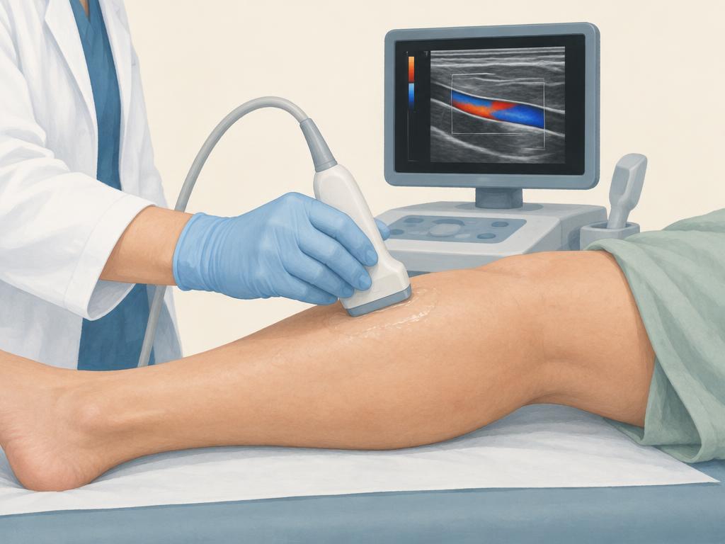 Ilustración de un estudio Doppler con una sonda sobre la pierna
